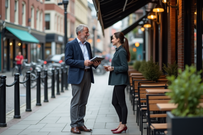 Administrateur urbain discute avec une propriétaire de café en terrasse
