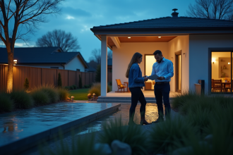 Agent immobilier et couple inspectant documents devant systeme eaux