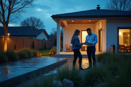 Agent immobilier et couple inspectant documents devant systeme eaux