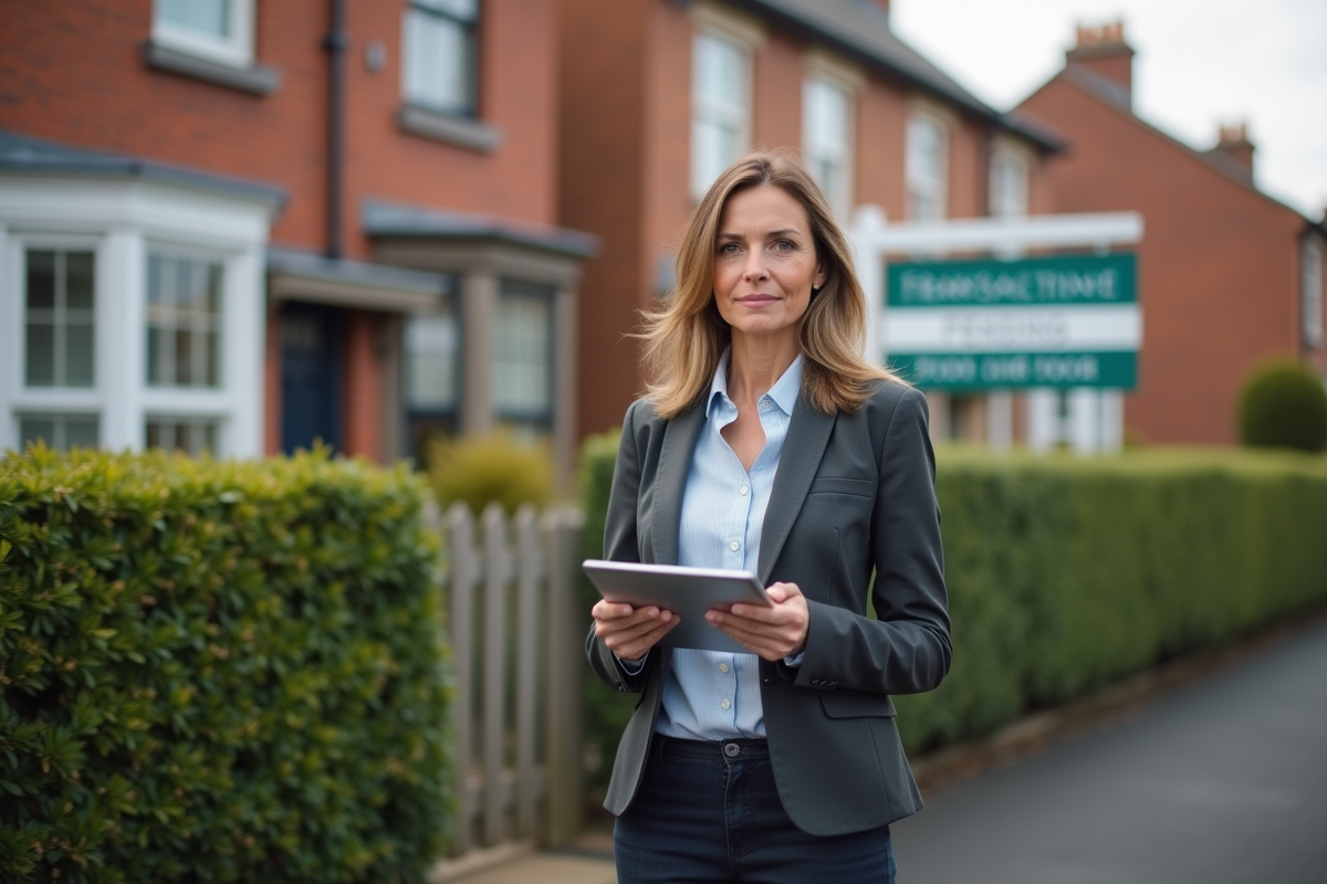 Agent immobilier devant une maison en vente avec panneau
