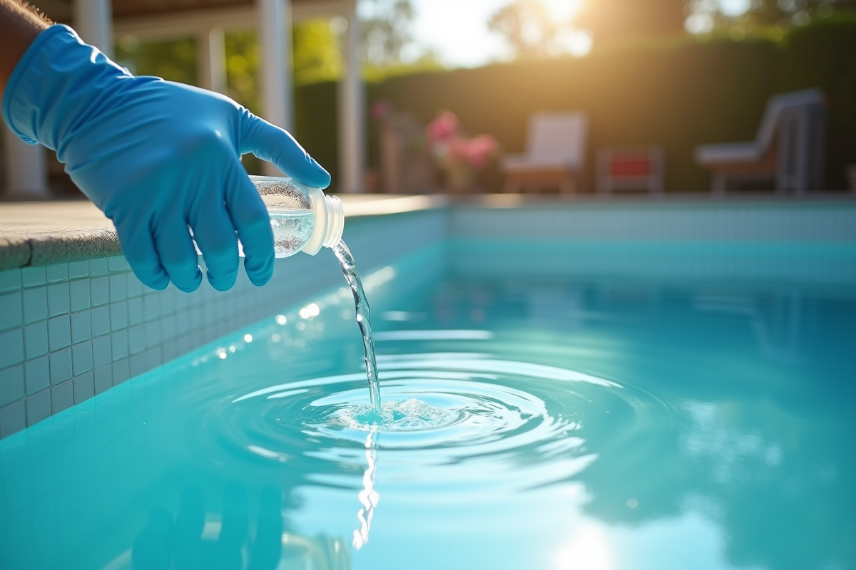 Main gantée versant produit clarifiant dans piscine trouble