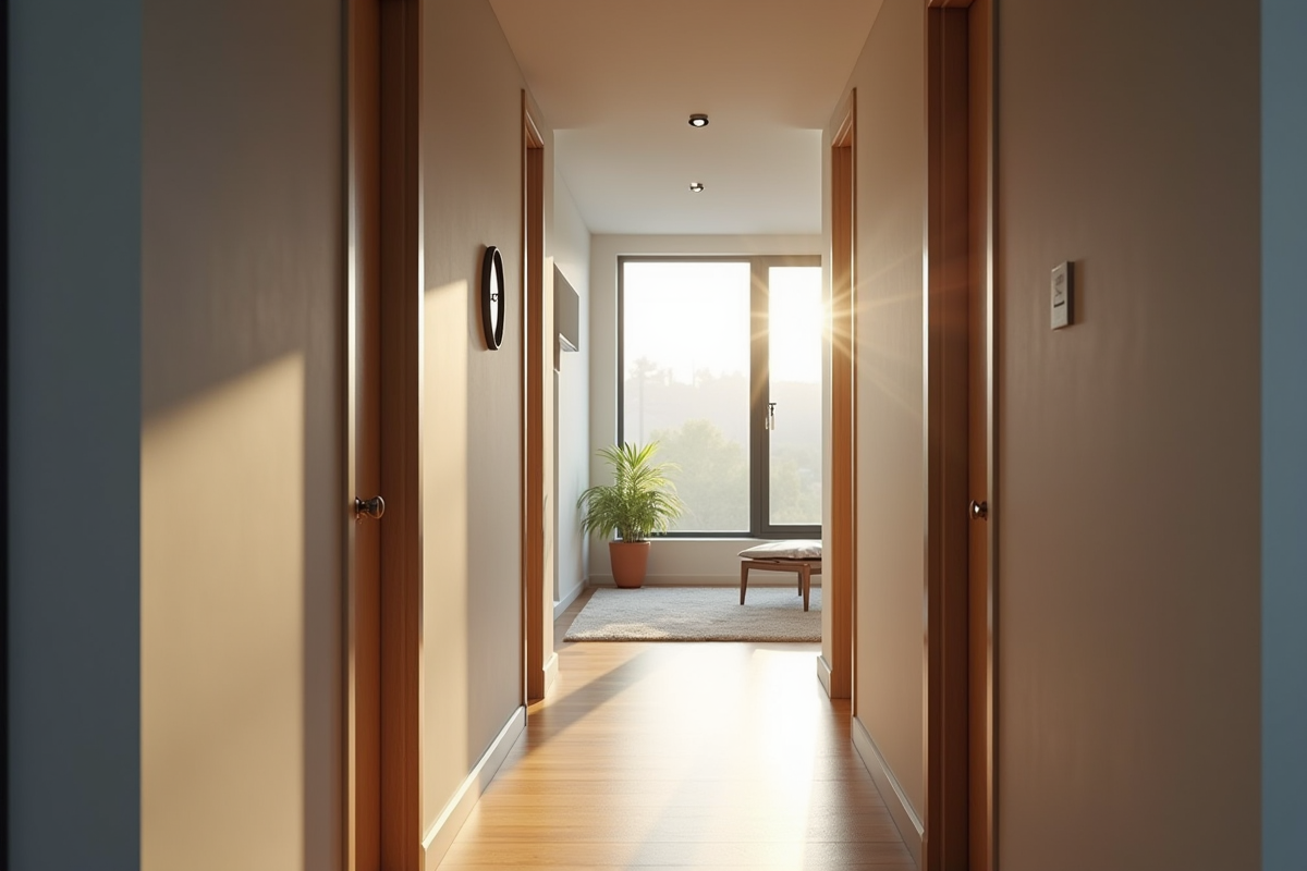 Couloir d appartement moderne avec deux portes et horloge