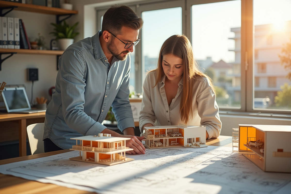 Architecte et client discutant plans pour maison passive