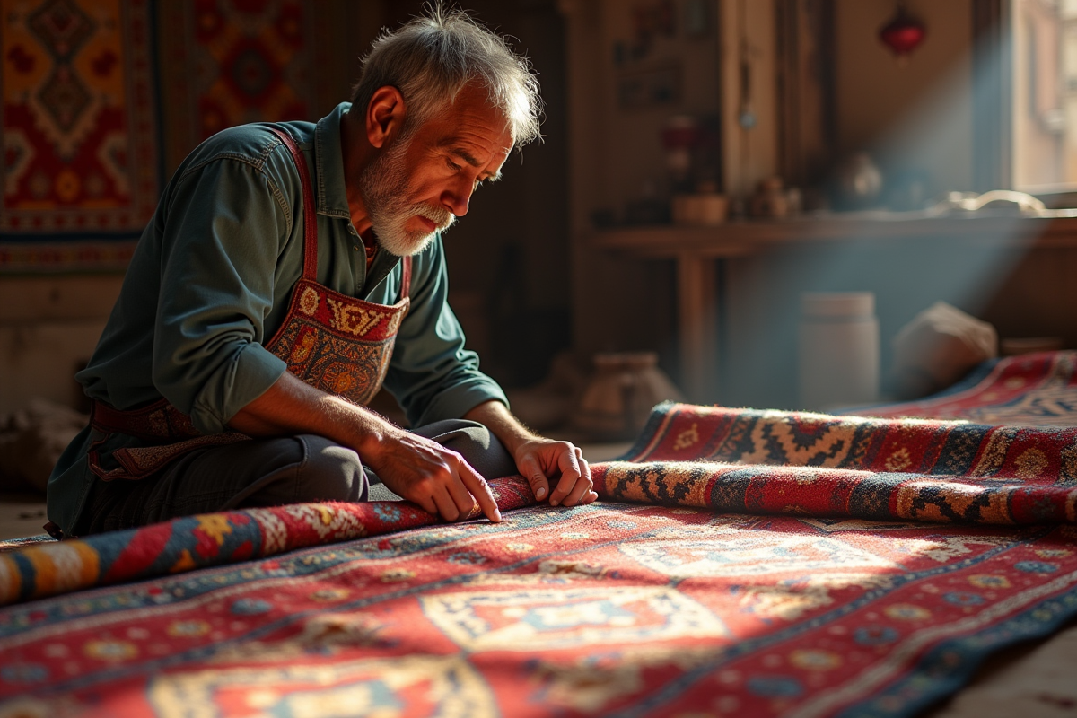 Artisan inspectant un tapis berbère coloré dans un atelier marocain