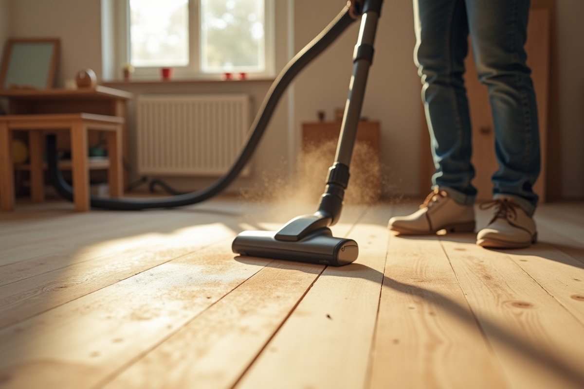Personne utilisant un aspirateur pour nettoyer la poussière sur un sol en bois neuf