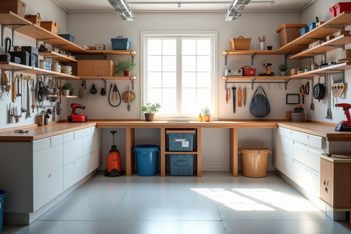 Atelier lumineux avec étagères et outils organisés dans la cave