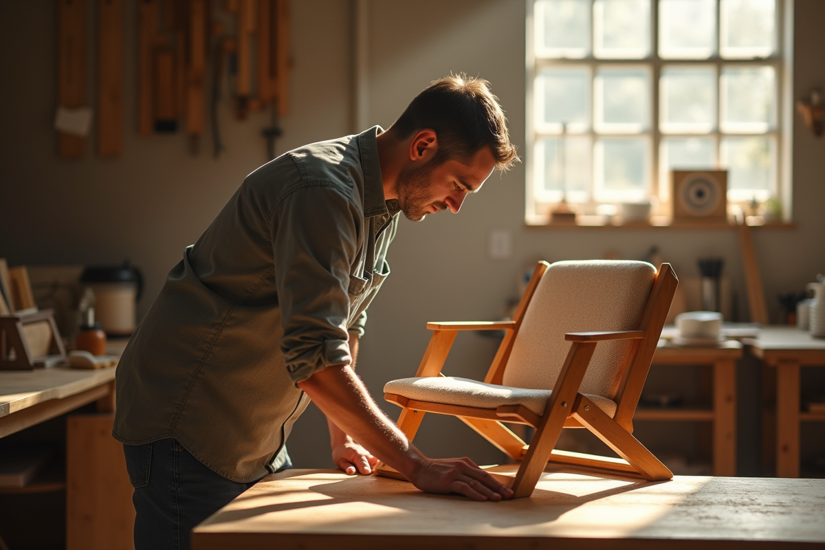 Menuisier mesurant une chaise en atelier lumineux