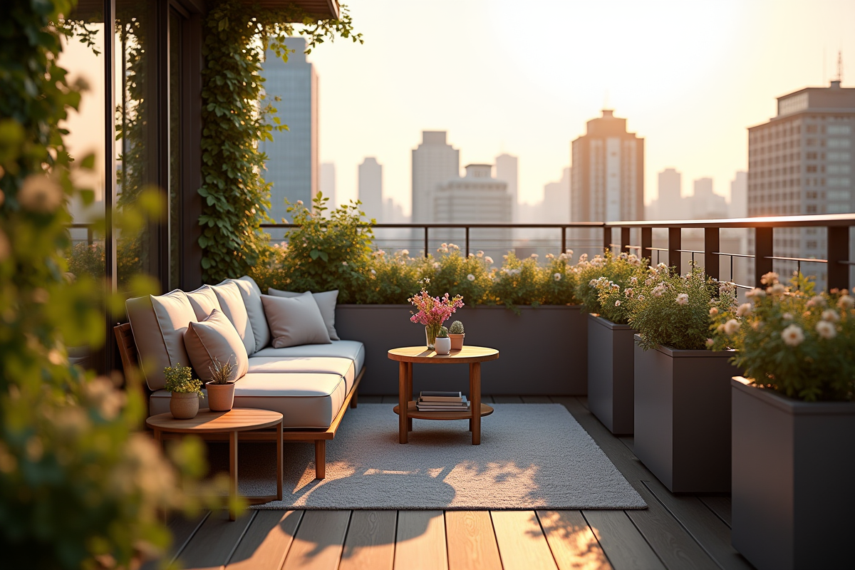 Petit balcon urbain avec coin détente et fleurs
