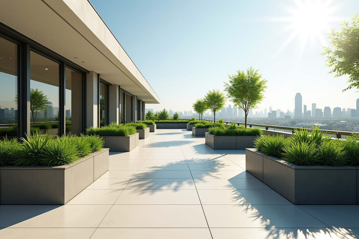 Bâtiment contemporain avec terrasse et plantes vertes