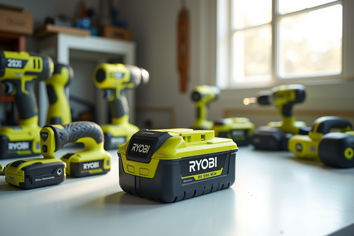 Pack batterie Ryobi sur un plan de travail blanc avec outils verts