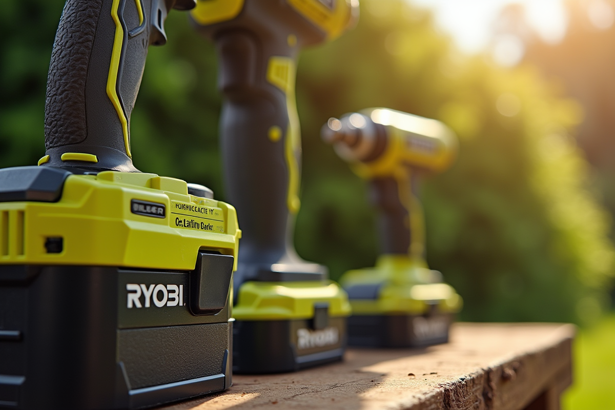Batterie Ryobi haute capacité connectée à une perceuse en extérieur