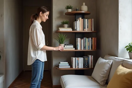 Femme faisant tourner une bibliothèque pivotante dans un petit appartement parisien moderne avec parquet en chevrons
