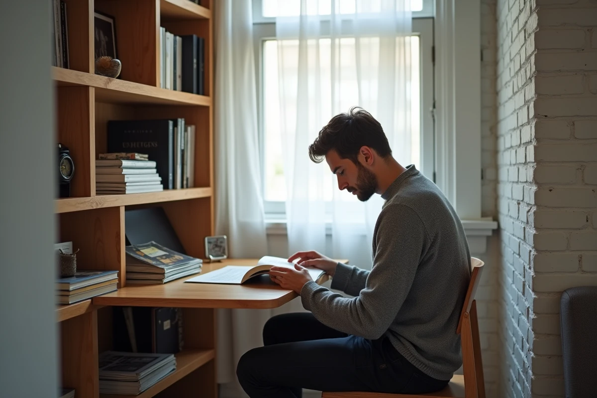 Homme lisant près d'une bibliothèque tournante servant de séparateur de pièce dans un studio aménagé