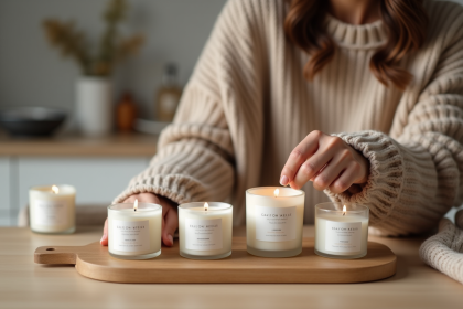Femme dans une cuisine minimaliste avec bougies parfumées