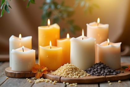 Sélection de bougies artisanales colorées sur une table en bois