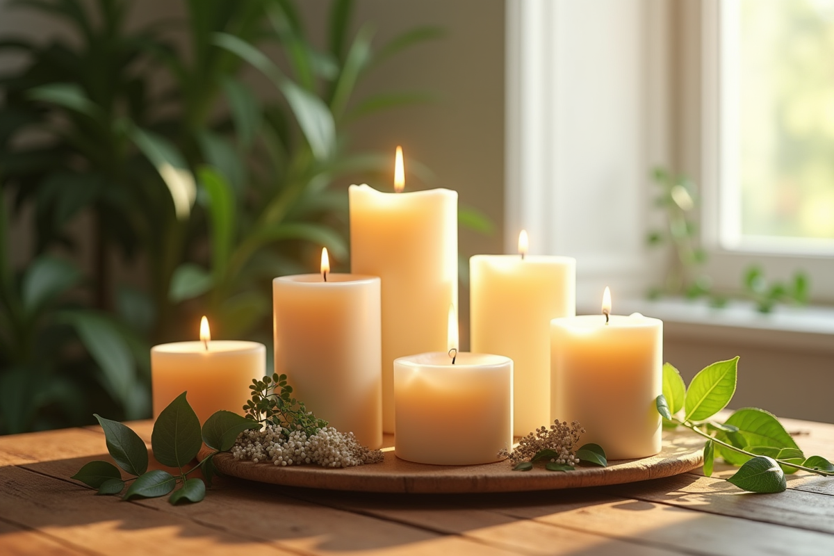 Bougies artisanales naturelles sur une table en bois avec feuilles vertes