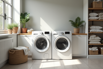 Buanderie moderne avec lave-linge séchant haut de gamme et plantes