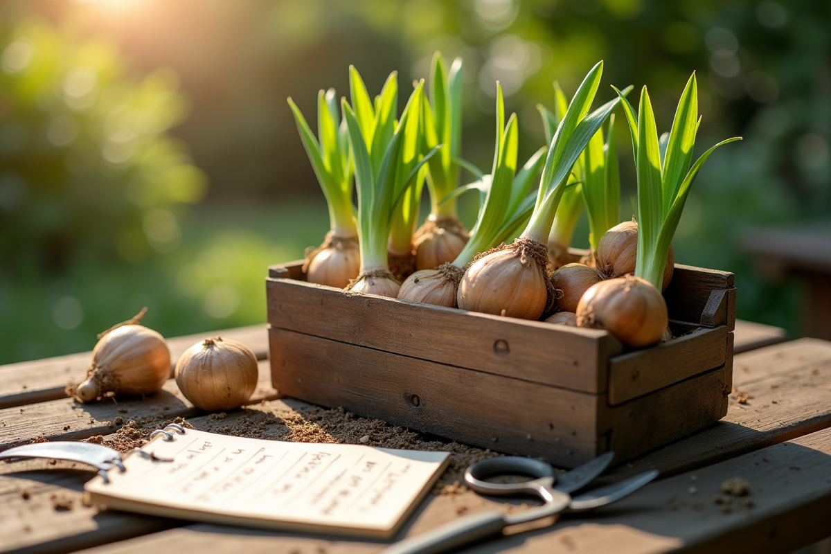 Bulbes de lis dans une caisse en bois avec outils de jardinage