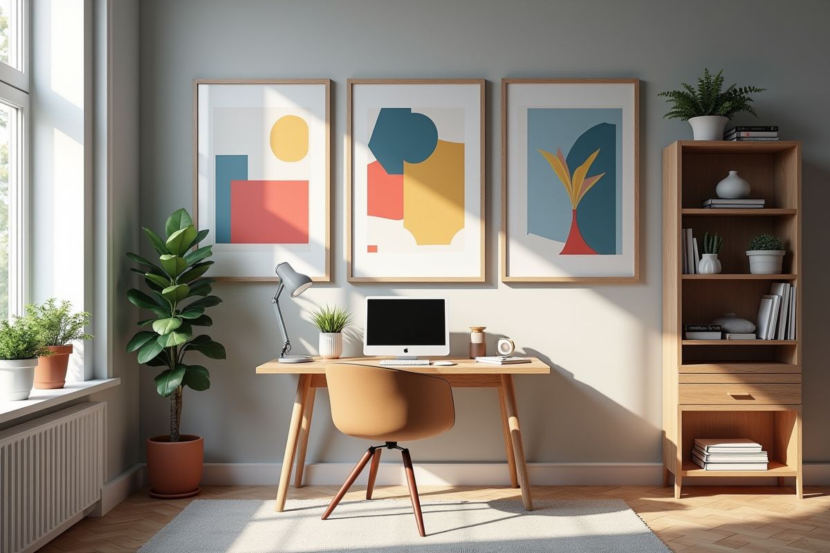 Bureau contemporain avec œuvres encadrées colorées
