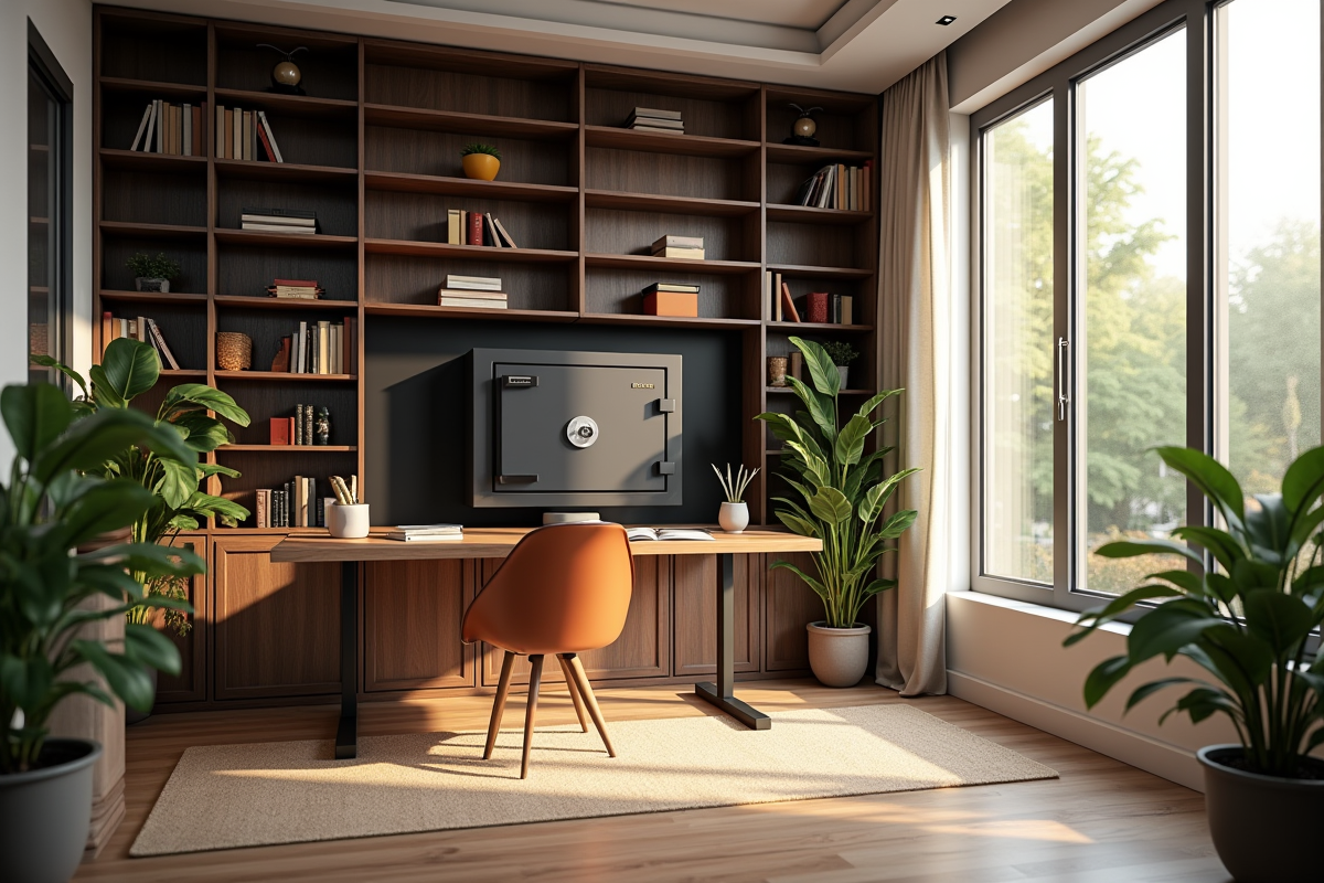 Bureau moderne avec coffre dissimule derrière une bibliothèque