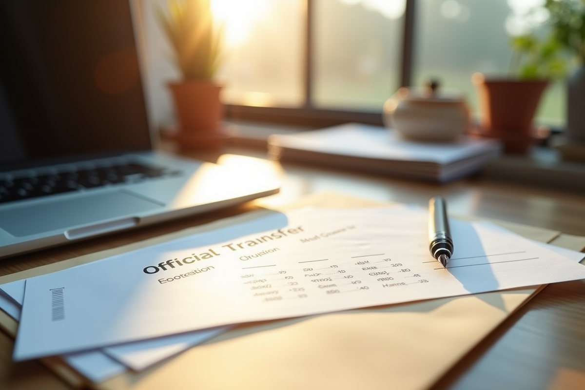 Bureau organisé avec ordinateur et formulaire de transfert