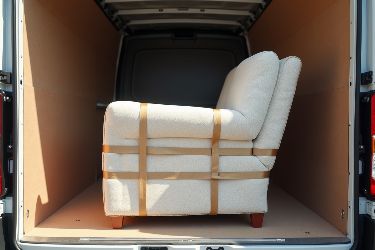 Canapé bien emballé dans un camion de déménagement