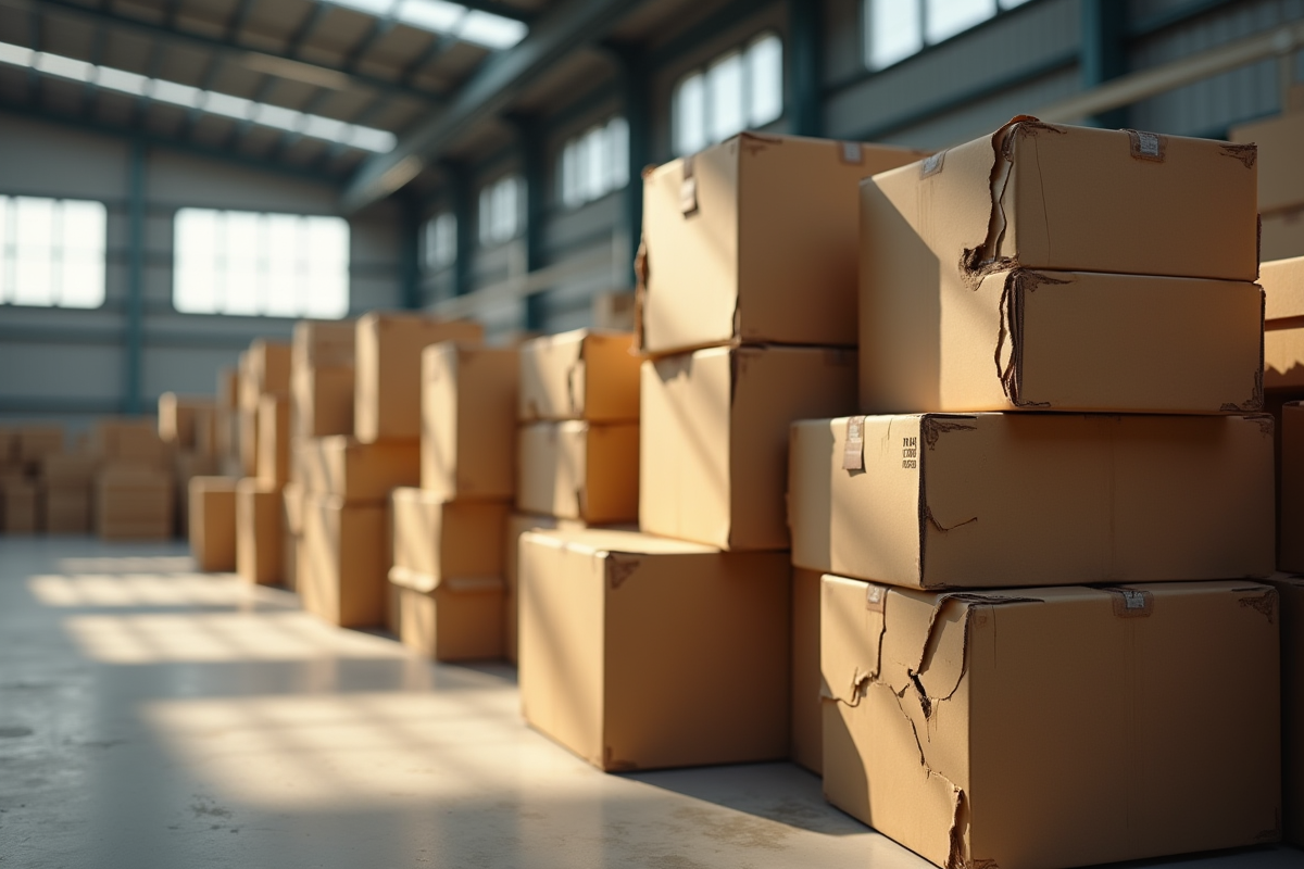 Pile de cartons abimes dans un entrepot avec lumière douce