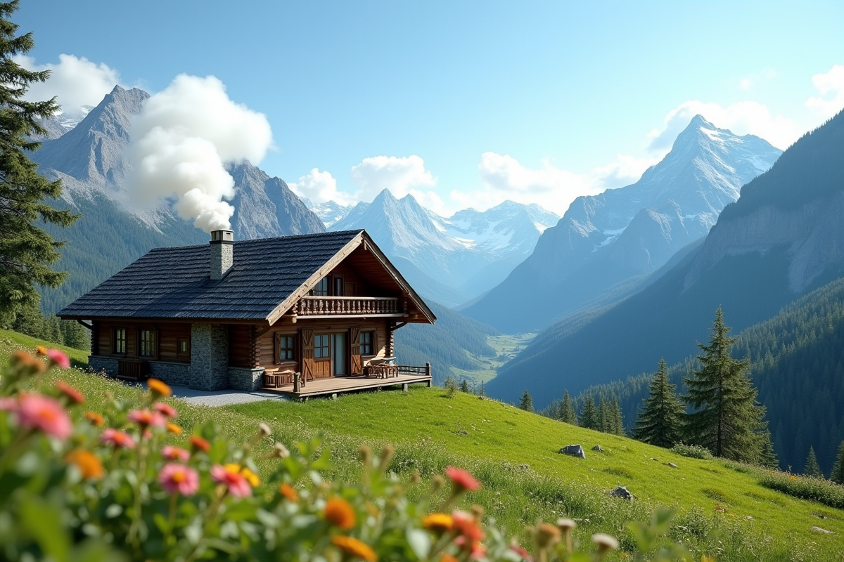 Chalet montagnard avec cheminée fumante dans un paysage verdoyant