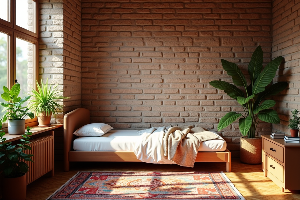 Chambre boheme avec lit simple et plantes vertes
