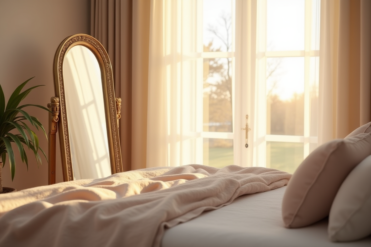 Chambre chaleureuse avec miroir décoratif et lumière douce