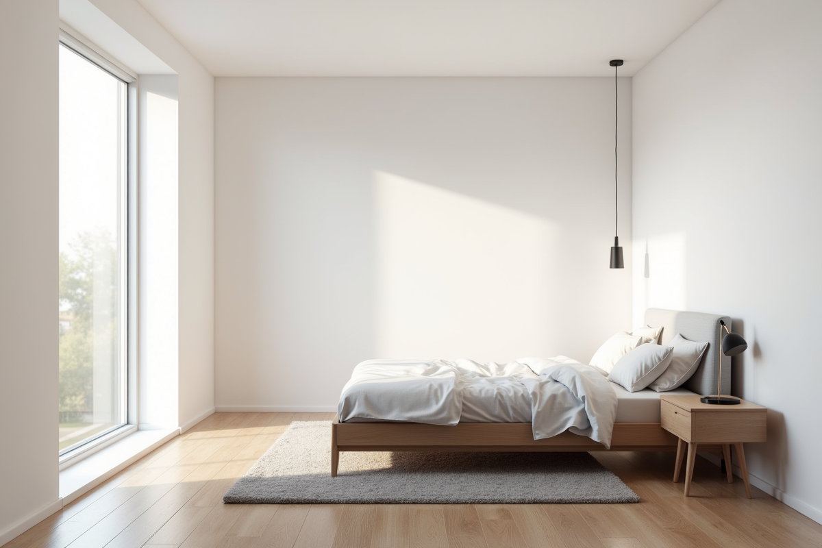 Chambre moderne avec lit double et espace de marche