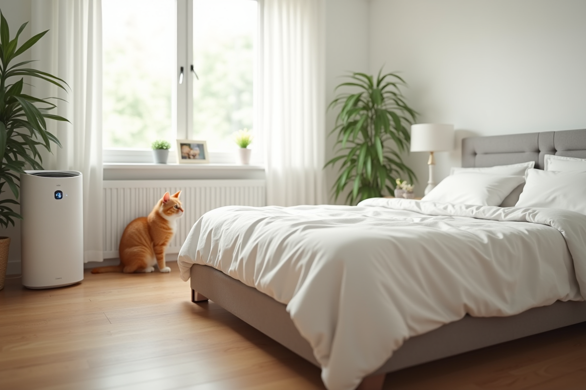 Chambre propre avec purificateur et chat tranquille