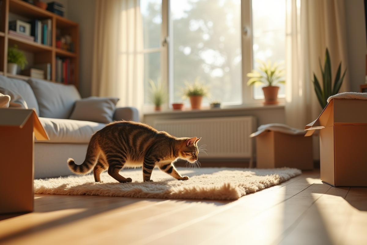 Chaton curieux explorant un salon lumineux et accueillant