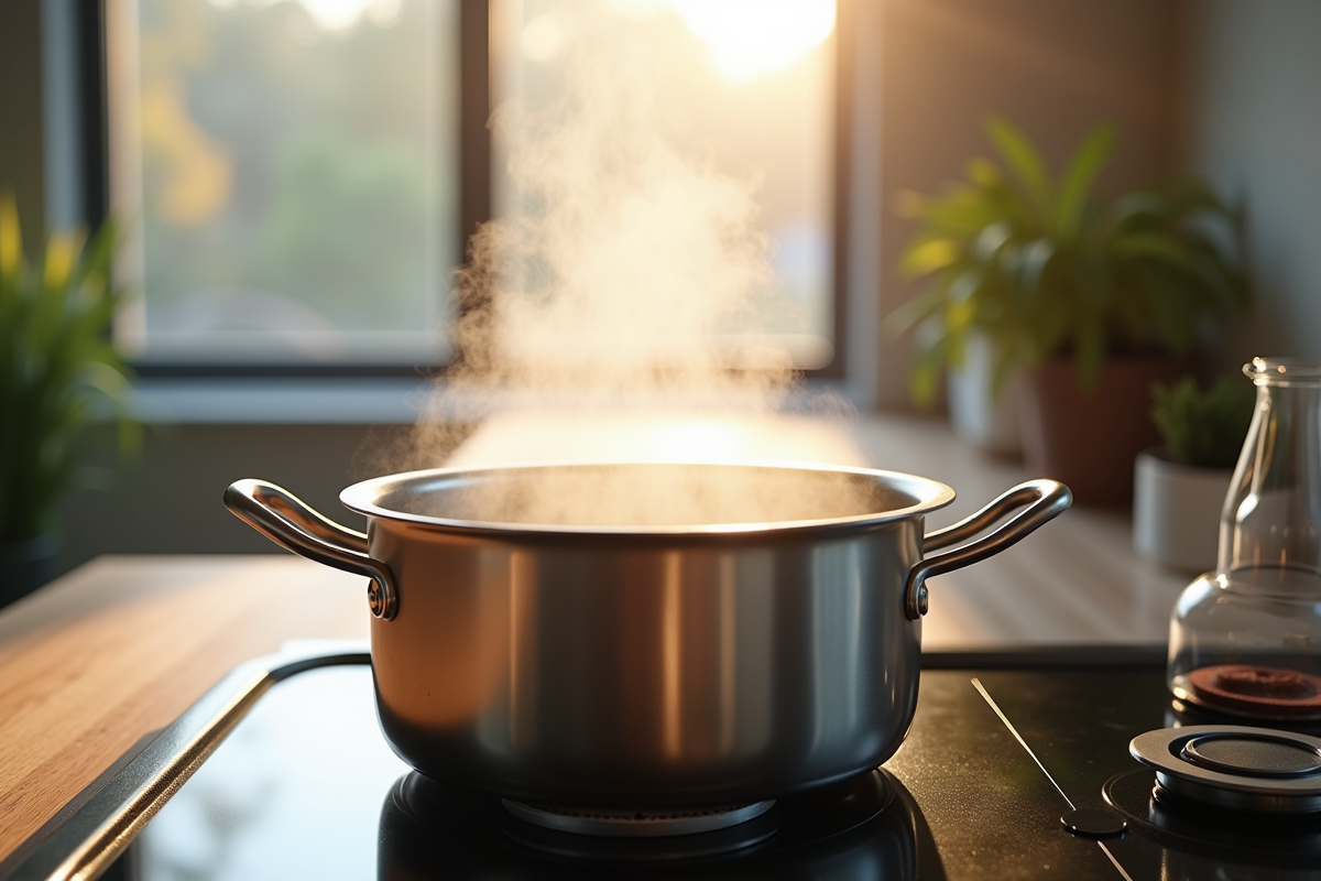 Cocotte en acier inoxydable avec eau bouillante sur une cuisiniere moderne