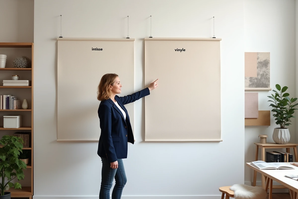 Comparaison côte à côte d'échantillons de papier peint intissé mat et vinyle légèrement brillant dans un studio de décoration intérieure