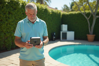 Homme examinant un panneau de contrôle de piscine au sel