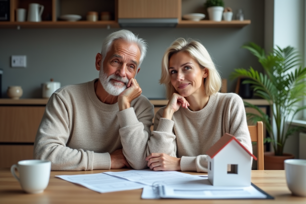 Couple d'adultes réfléchissant avec documents immobiliers