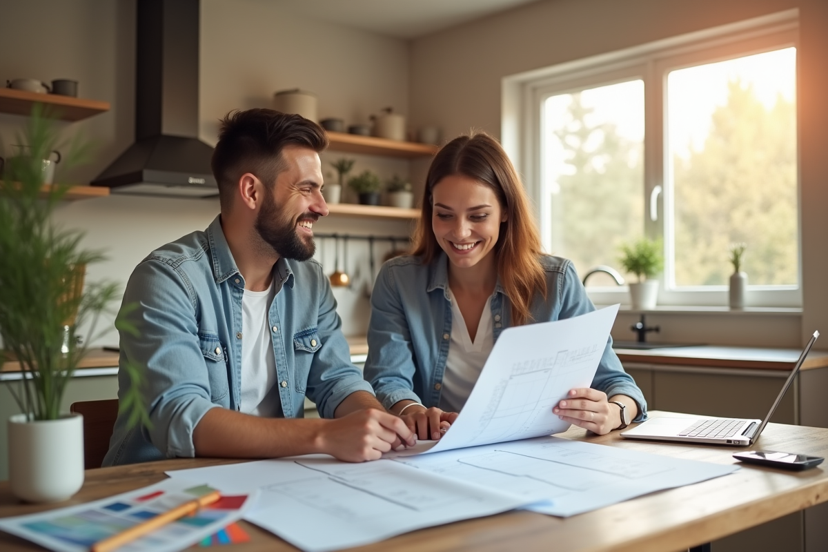 Couple souriant analysant des plans de rénovation dans une cuisine lumineuse