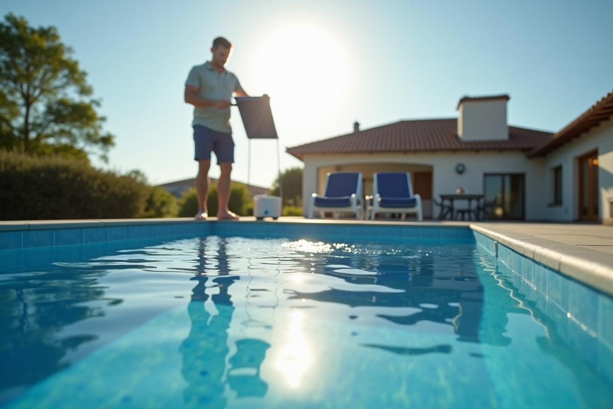Homme ajustant une couverture solaire sur la piscine