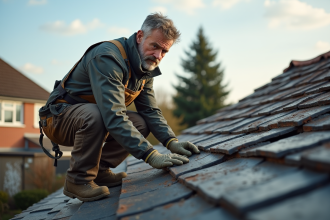 Couvreur professionnel inspectant un toit en ardoise ancien