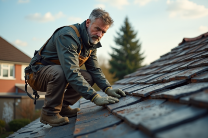 Couvreur professionnel inspectant un toit en ardoise ancien