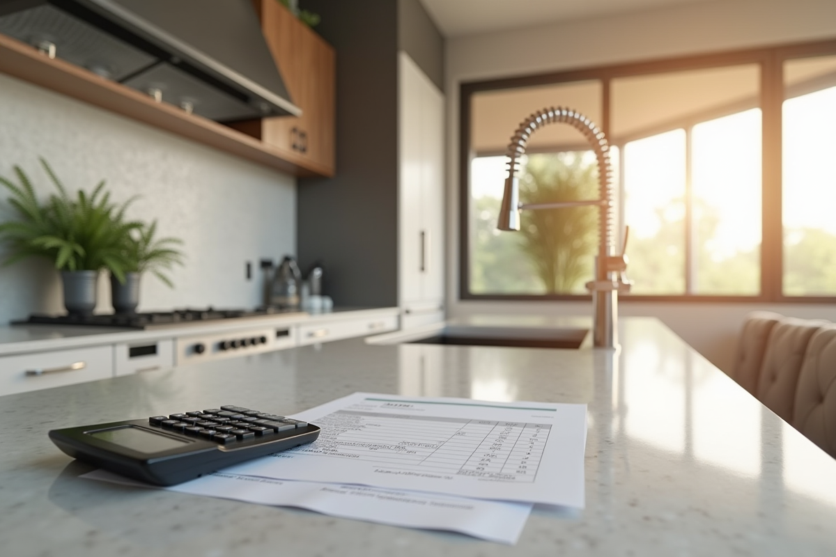 Cuisine moderne avec factures et calculatrice pour budget