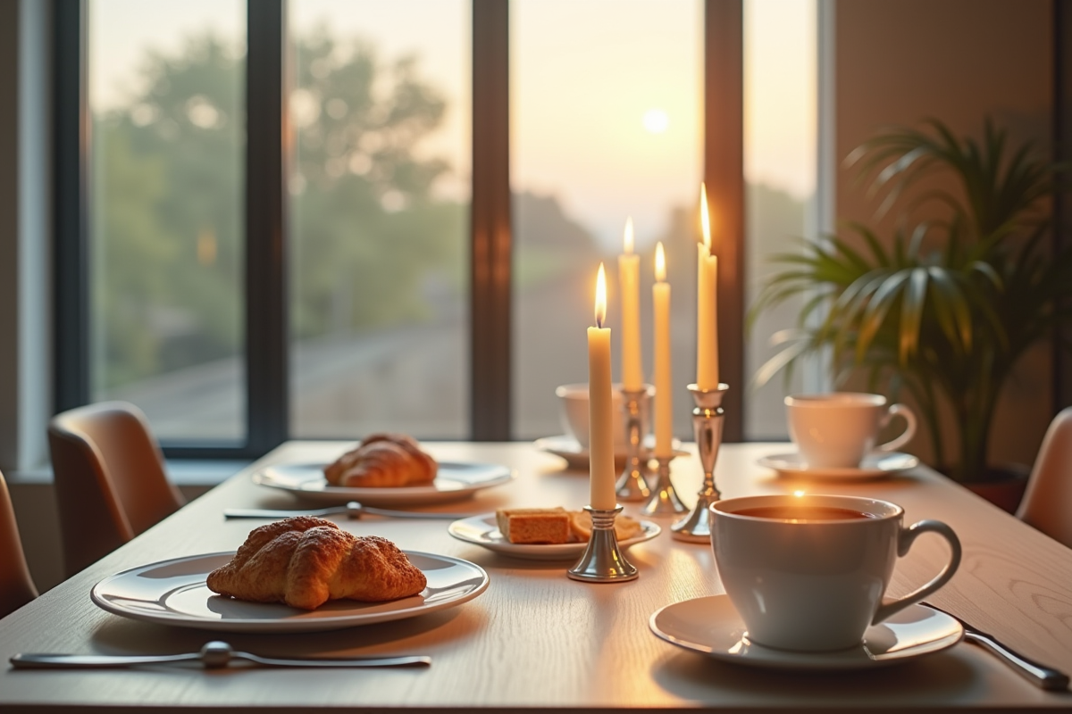 Cuisine moderne au matin avec petit déjeuner et bougies