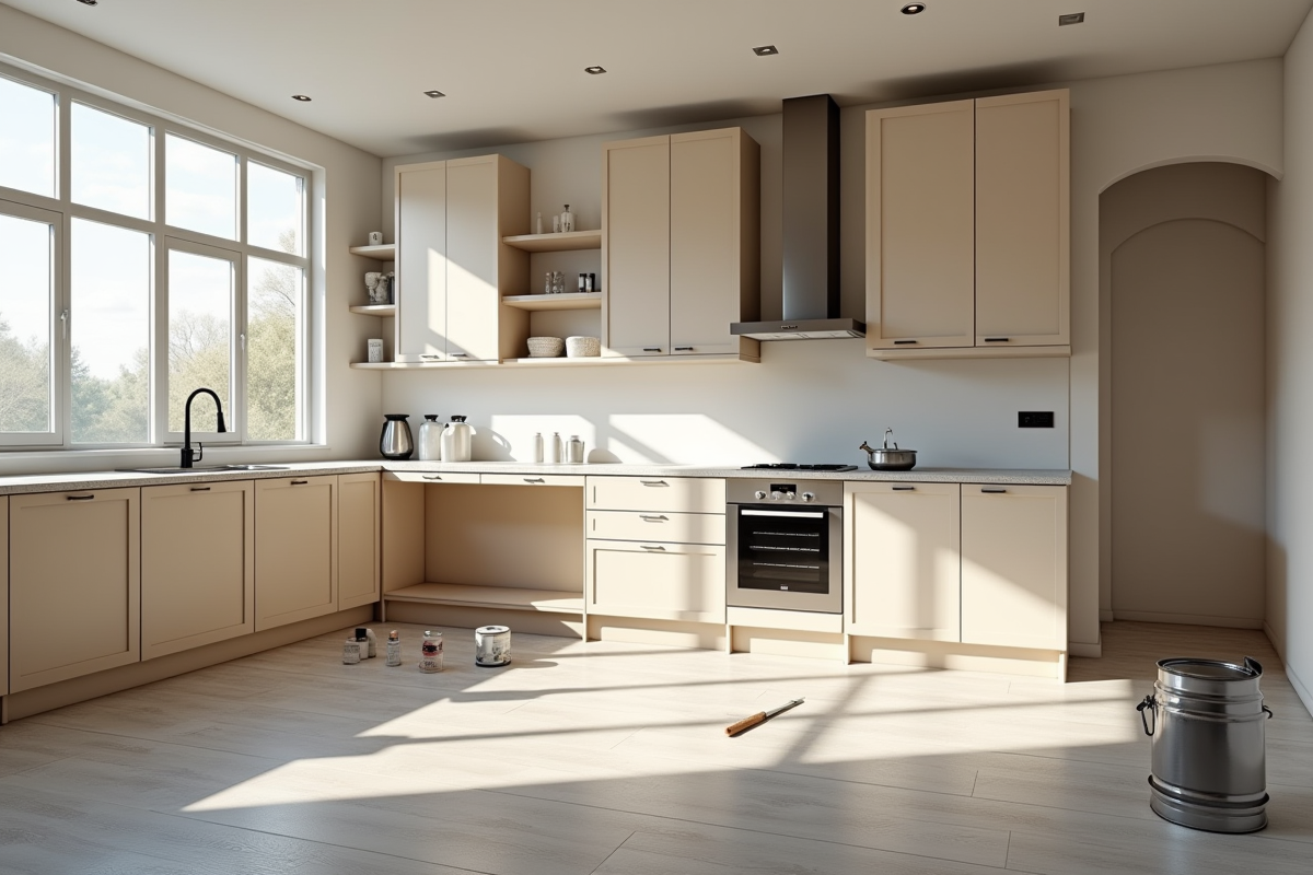 Cuisine en rénovation avec meubles non finis et outils