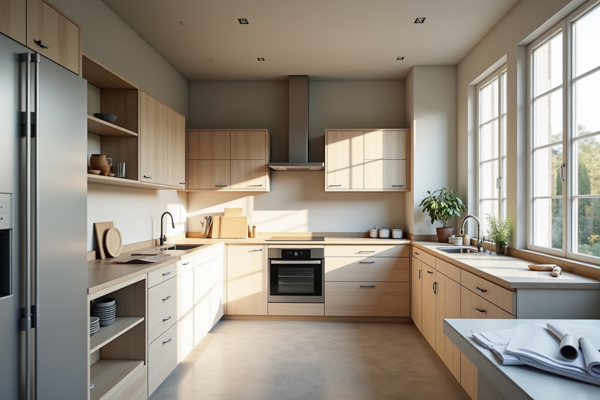 Cuisine moderne en rénovation avec appareils neufs et plans