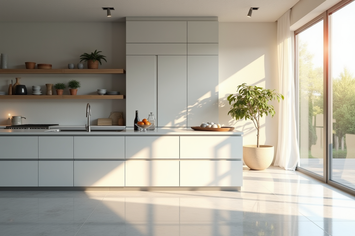 Cuisine moderne avec panneaux frosted et étagères ouvertes