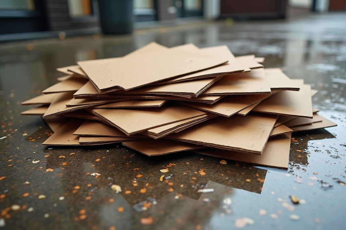 Déchets de carton aplatis sous la pluie sur un trottoir brillant
