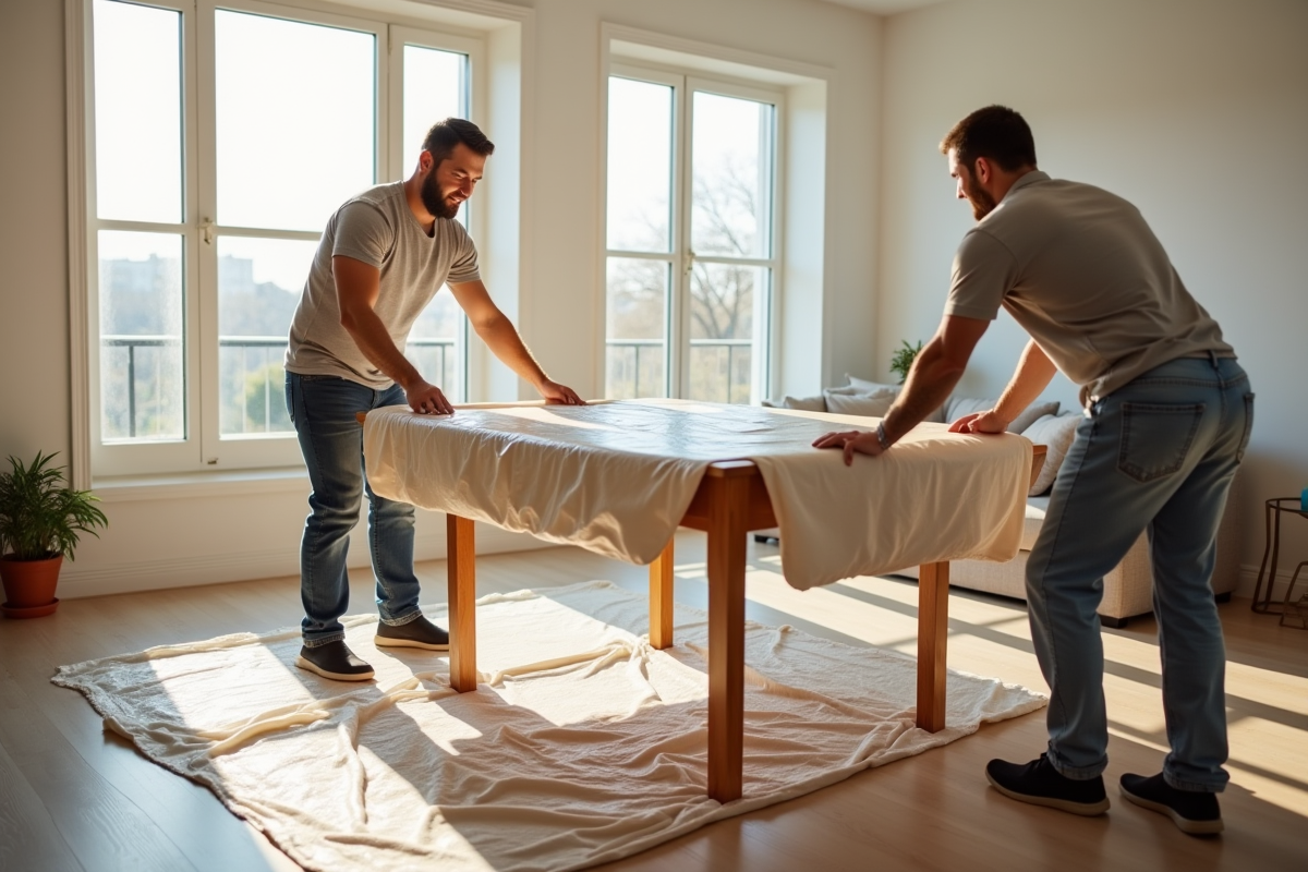 Deux déménageurs emballent une grande table en bois