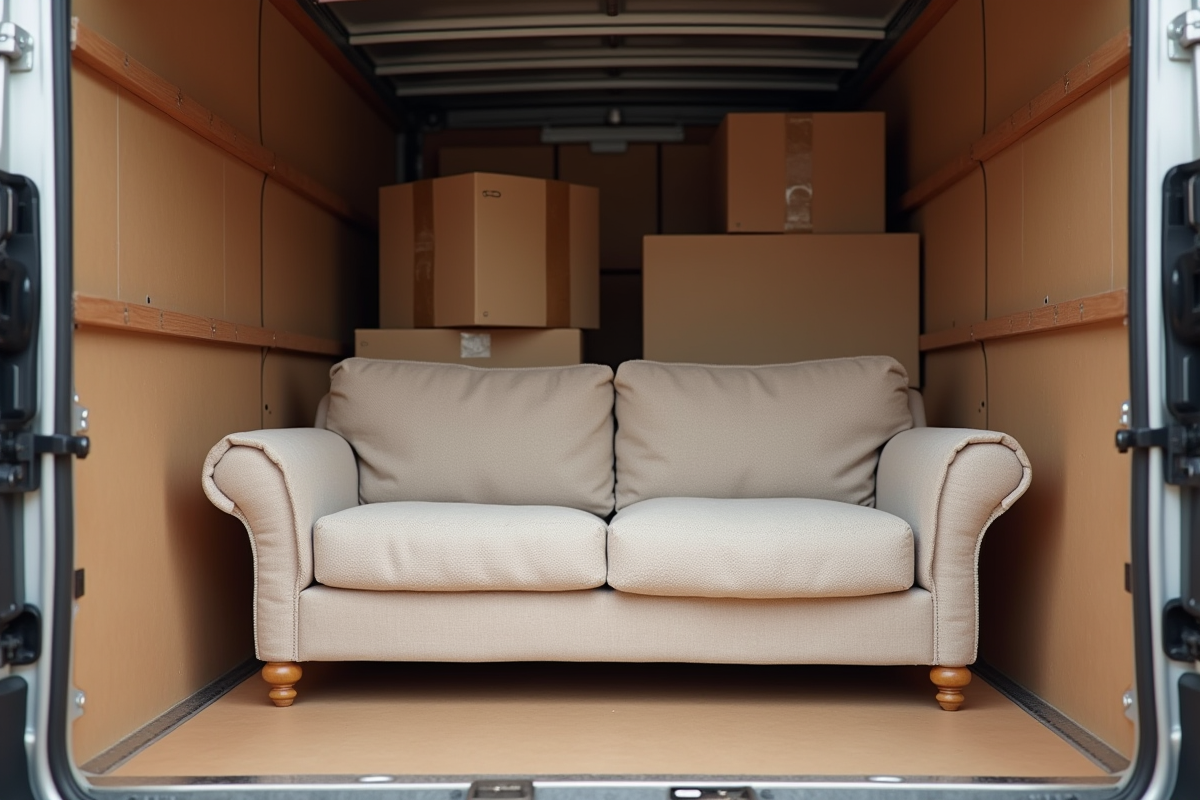 Cartons et canapé protégé dans un camion de déménagement
