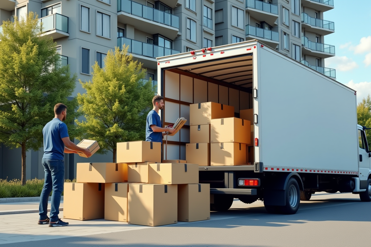 Déménageurs professionnels chargeant des cartons dans un camion